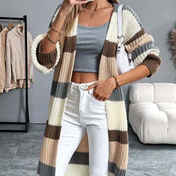 Multicolor Casual Women's Colorblock Patchwork Long Open Front Cardigan - Picture 2 of 6